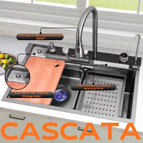 Cuba De Embutir Gourmet Preta Com Cascata Premium 75x46cm Aço Inox 304 | Jogo De Acessórios Torneira