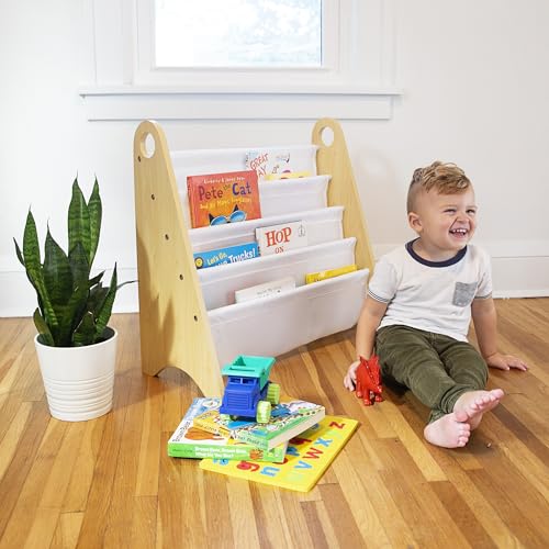 Wildkin Sling Bookshelf for Kids – Modern Wooden Storage with 4 Fabric Shelves & Handles, Organizer for Home or Classroom - Natural White by Wildkin - Used condition - Image 2