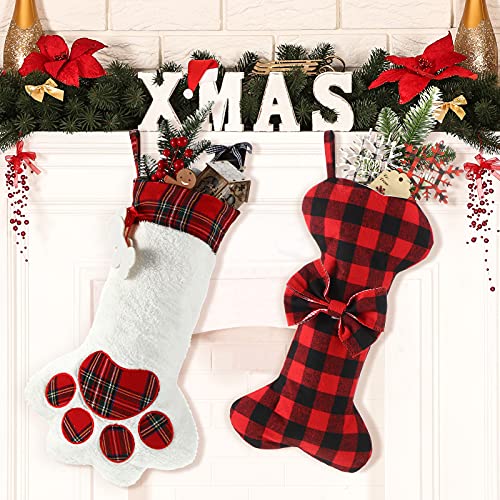 Gejoy 2 Piece 18 Inch Pet Dog Christmas Stocking Hanging Bone with Bow Buffalo Plaid Christmas Stockings Dog Cat Paw Stocking for Pets Puppy Family Xmas Holiday Fireplace Decoration