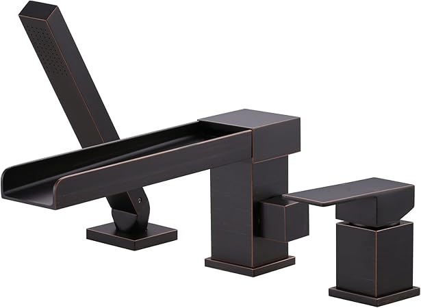 Waterfall Roman Tub Faucet With Sprayer Deck Mount Tub Filler With Han