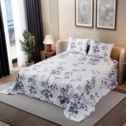 Image of BLISSHOME SoftTouch 140TC Cotton King Size Printed Bedsheet with 2 Pillow Covers for Double Bed, Silky Smooth Bedding Set, Breathable, Easy Maintain, Floral Print - Violet