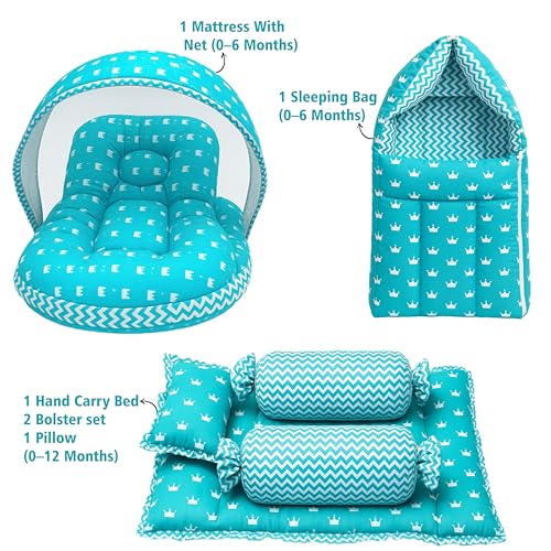 Image of Fareto Combo of Baby Bed with Net | Carry Bag | 4 Pcs Bedding Set (0-6 Months, Baby Size, Cotton) (Crown Blue)