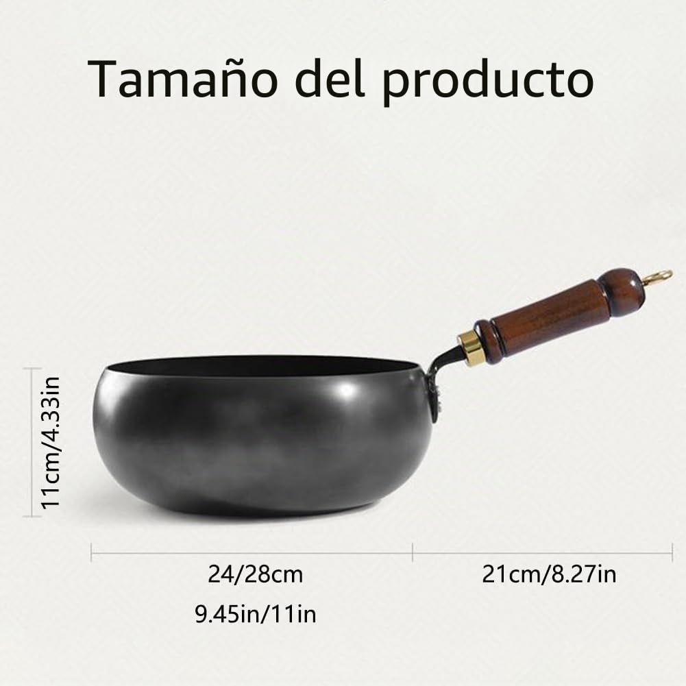 Japanese Iron Pan, 24/28cm Uncoated Iron Pans, Sartén de Hierro Antiadherente Forjada a Mano, sin Revestimiento, Sartén Grande con Tapa de Madera, para Cocinas (Tapa de madera, 24cm)