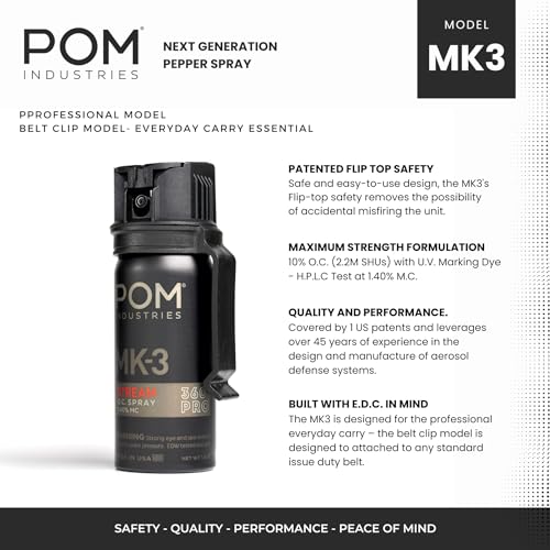 POM MK3 Pepper Spray, Belt Clip Model, Maximum Police Strength OC with UV Marking Dye, Quick Flip Top Safety, 360° Performance at Any Angle, Powerful Accurate Stream, 18 ft Range, 1.8 fl oz - Image 3