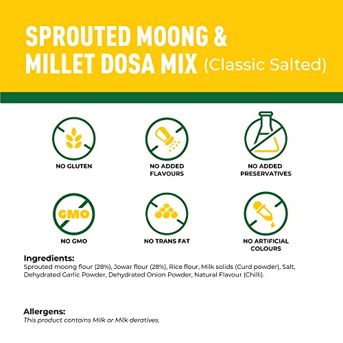 Image of Foodstrong Sprouted Moong Instant Chilla /Dosa Mix with the Goodness of Millets, Healthy Delicious Breakfast, 22 g Protein, 5 g Fibre, Easy to Digest, 150 g (Classic Salted)