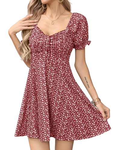 Image of Missufe Women's Puff Short Sleeve Drawstring Ruched Front Fit and Flare Floral Summer Casual Short Dress