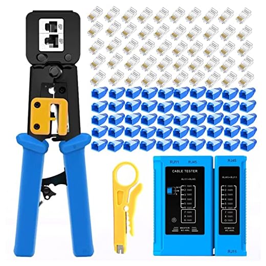 Gaobige rj45 Crimping Tool for Cat6 Cat5e Cat5, Sturdy Crimper for rj45 rj12/11 Pass-Through Connectors with 50pcs rj45 Cat5e Pass-Through Connectors, 50pcs Covers, Wire Stripper; Network Cable Tester