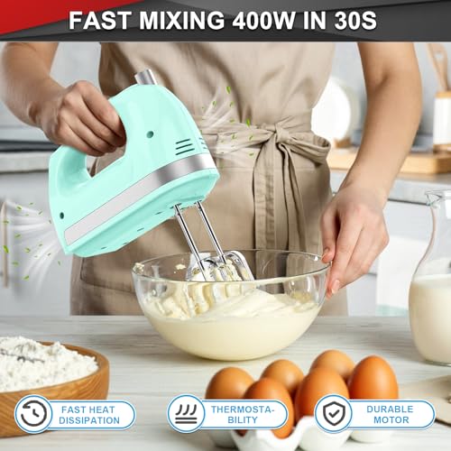 Image of Lord Eagle Hand Mixer Electric Handheld 400W, 5-Speed Lightweight Kitchen Mixer with Storage Case, 5 Stainless Steel Attachments for Baking Cake Egg Cream Food Beater, Turbo+Eject Button, Green