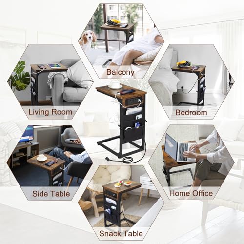 AMHANCIBLE C-Shaped Side Table, Bedside Table with Charging Station,2 USB & AC Outlets, End Table with Cloth Storage Bag, Sofa Table for Small Spaces, Coffee Table for Living Room, Brown HET04CBR-1 - Image 8