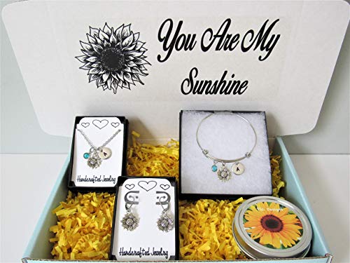 Sunflower Personalized Gift Box, Sunflower Necklace, Sunflower Bracelet, Sunflower Earrings, Sunflower Candle, Gift Set, Sunflower Gift for Woman