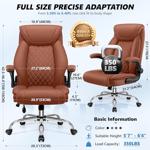 Image of BestGlory Executive Office Chair with Lumbar Support, Big and Tall Ergonomic Computer Desk Chair, Leather Comfy High Back Gaming Chair with Flip Up Arms & Rocking Function for Home Office, Brown