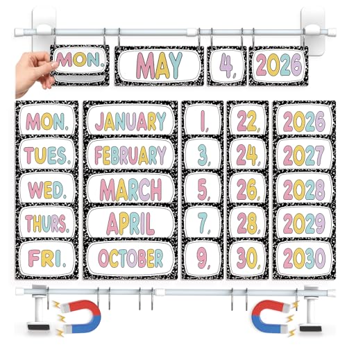 Magnetic Flip Calendar for Classroom - Composition Notebook Date Flip Calendar Set with Magnetic Rod for Classroom Home Whiteboard Pastel Back to School Decor for Teacher Supplies