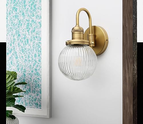 Image of Industrial Vintage 1-Light Wall Sconce with 5.9 inch Round Ribbed Clear Glass Globe Lampshade, U-Shaped Indoor Wall Mounted Lamp Fixture for Bedroom Living Room Bathroom Vanity