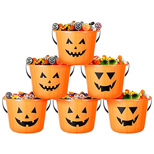 Halloween Pumpkin Trick or Treat Buckets with Handle 6 Pcs Portable Plastic Candy Pumpkin Pails Holder Party Decor Favors for Kids