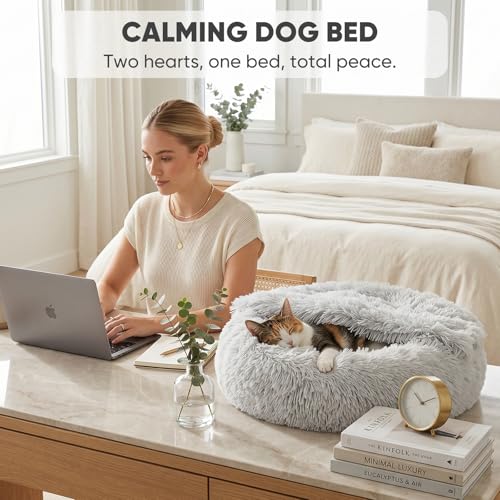 Image of Himax Small Cat & Dog Bed with Cover, Calming Dog Bed for Small Dogs,Anti-Anxiety Donut Dog Bed with Attached Blanket,Washable Round Fluffy Pet Bed (20 inch /26 inch /35 inch), Light Grey