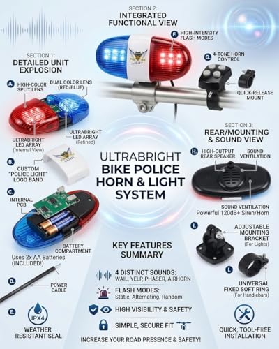 Image of Wavva Police LED Light + 4 Loud Siren Sound Trumpet Cycle Horn.