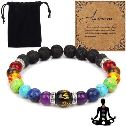 Teouuas Pulsera Chakras, Pulsera de Piedra Natural con Bolsa de Joyas, Tarjeta con Significado, Cuentas de Piedra Natural con Lava, Joyería Yoga Reiki para Hombres y Mujeres, Equilibrio Energético