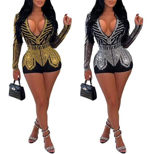 Image of Jigfar Women Sexy Embellished Rhinestone Bodycon Jumpsuit Mesh See Through Patchwork Birthday Party Night Out Clubwear
