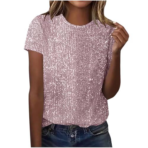 Glitzer T-Shirt Damen Pailletten Druck Bluse Modisches Pullover Glitzer Print Oberteile Rundhals Tunika Tops Kurzarm Shirt Farbverlauf Pulli Locker Atmungsaktiv Streetwear Karneval Kleidung