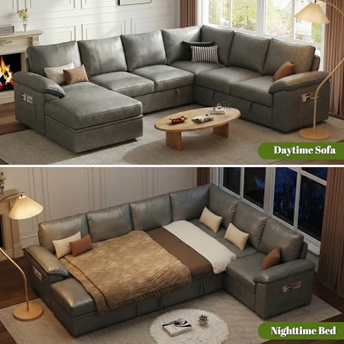 Image of 108 Inch Faux Leather Modular Sectional Sofa with Pull Out Bed,U Shaped 7 Seat Sectional Sleeper Sofa with Storage,Sectional Couches for Living Room,Cloud Modular Couch,Gray Leather