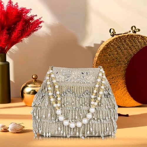 Image of Nevis PU Silk Women's Pearl & Bead Embellished Potli Bag with Beaded Handle | Designe Wedding & Festive Handbag