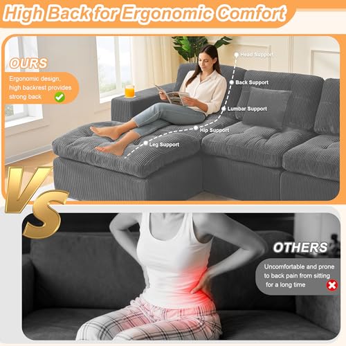 Image of Modular Sectional Sofa, 105 inch L Shaped Comfy Cloud Couch with Deep Seat, Boneless Couch for Living Room, Corduroy Modular Sofa with Chaise and Cup Holders, No Assembly Required, Dark Gray | Comfy Cloud Couch