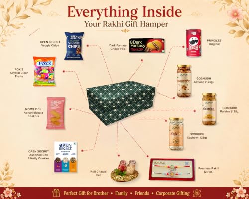 Image of Goshudh 11 Item Premium Rakhi Gift Hamper for Brother & Sister | Almonds, Cashews, Raisins, Open Secret Assorted Nutty Cookies, Veggie Chips, Fox's, Mom's Pick Khakhra, Dark Fantasy, Set of 2 Rakhi with Roli Chawal | Luxury Green Lotus Gift Box
