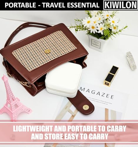 Image of Travel Jewelry Organizer Box for Women - 14 Slots Portable Jewellery Storage Case with Ring Holder & Necklace Hooks | Compact PU Leather Vanity Organizer for Earrings, Rings, Chains (White)