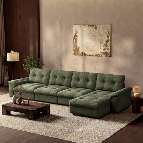 Image of Oversized Modular Sectional Sofa with Storage, Modern Deep Seat Cloud Couch for Living Room, L-Shaped Large Sectional Couch, 4 Seater with Ottoman, Green