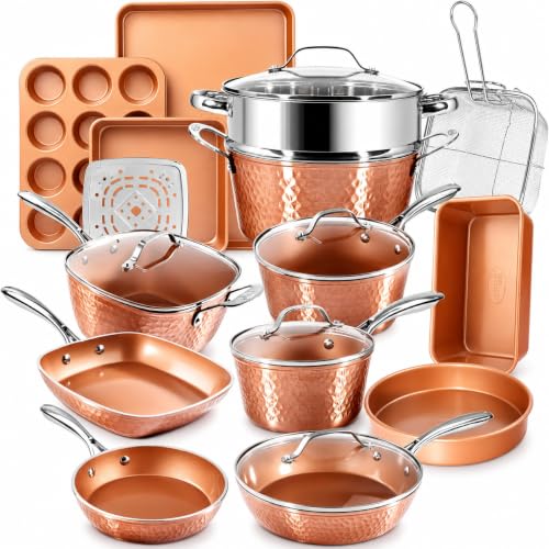 Image of GOTHAM STEEL HAMMERED 20 Pc Pots and Pans Set Non Stick Ceramic Cookware | Deep Frying Pan & Bakeware Set Included, Non Toxic PFOA /PFOS /PTFE Free, Induction Compatible, Oven & Dishwasher Safe
