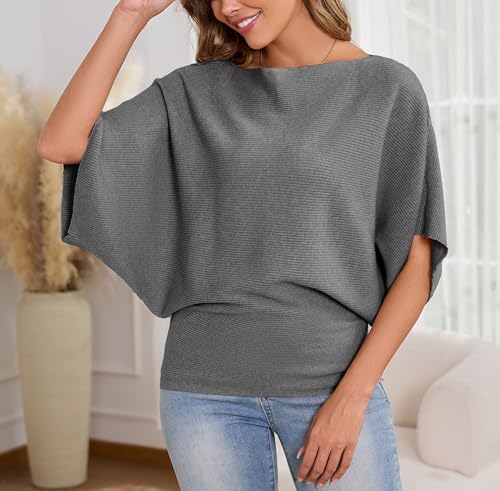 Image of MAKARTHY Womens Batwing Sleeves Knitted Dolman Pullovers Boat Neck Tops Sweatershirts