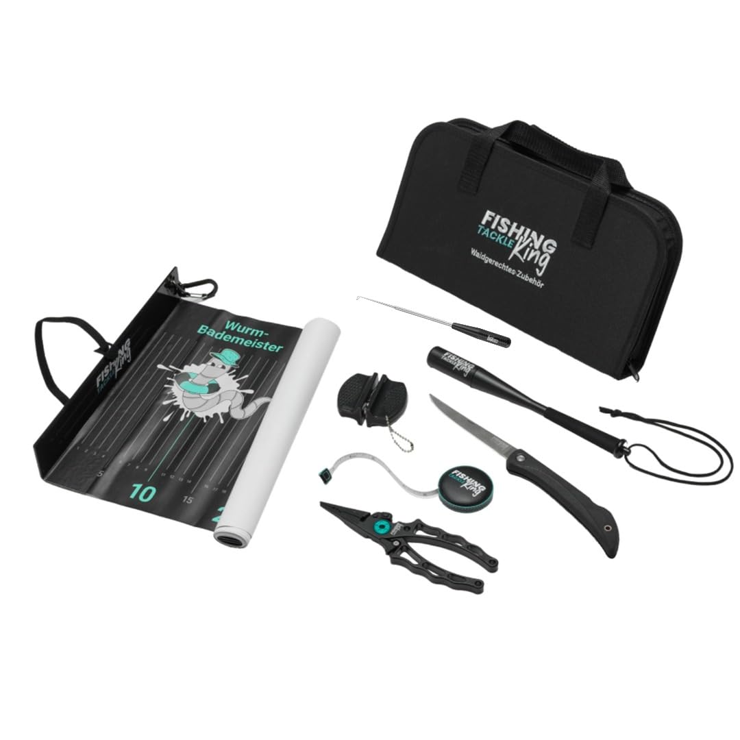 Fishing-King Tackle Waidgerechte Zubehörtasche | Fischtöter, Angelmesser, Maßband, Abhakmatte, Multizange, Tasche