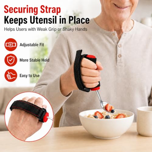 Bendable Adaptive Utensils 3-Piece Set, Parkinsons Fork Spoon Rocker Knife, Adjustable Angle Securing Strap, Built Up Easy Grip Handle, One Handed Eating Aids for Tremors Arthritis Elderly by Lorveelo - Used condition - Image 2