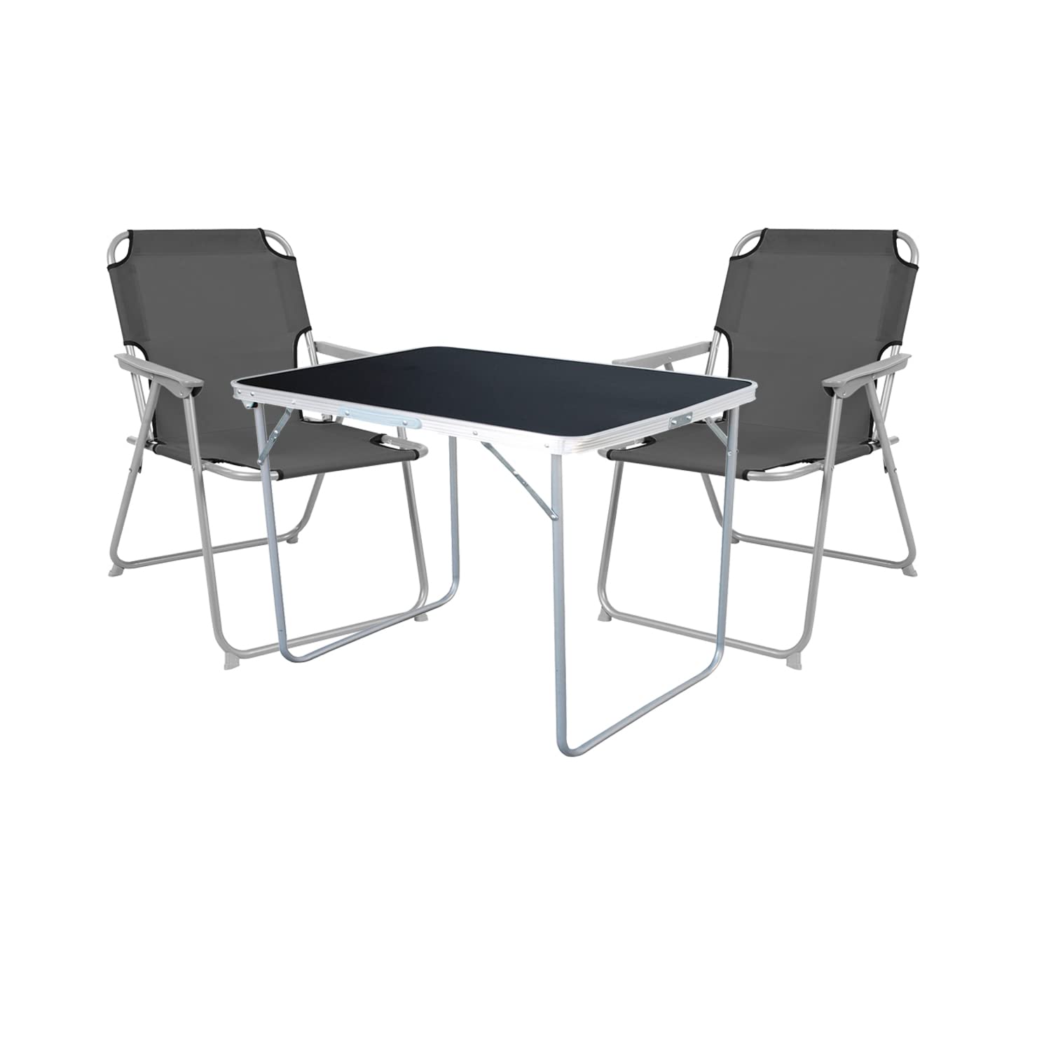 Mojawo 3-TLG. Camping Set Campingtisch Schwarz Gartenmöbel + 2 STK. Campingstuhl Klappstuhl Grau Outdoor