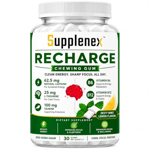 Image of Caffeine Energy Gum with L-Theanine and Taurine for Focus, Memory & Alertness | Zero Added Sugar Chewing Gum | Mint Flavor | 30 Gums