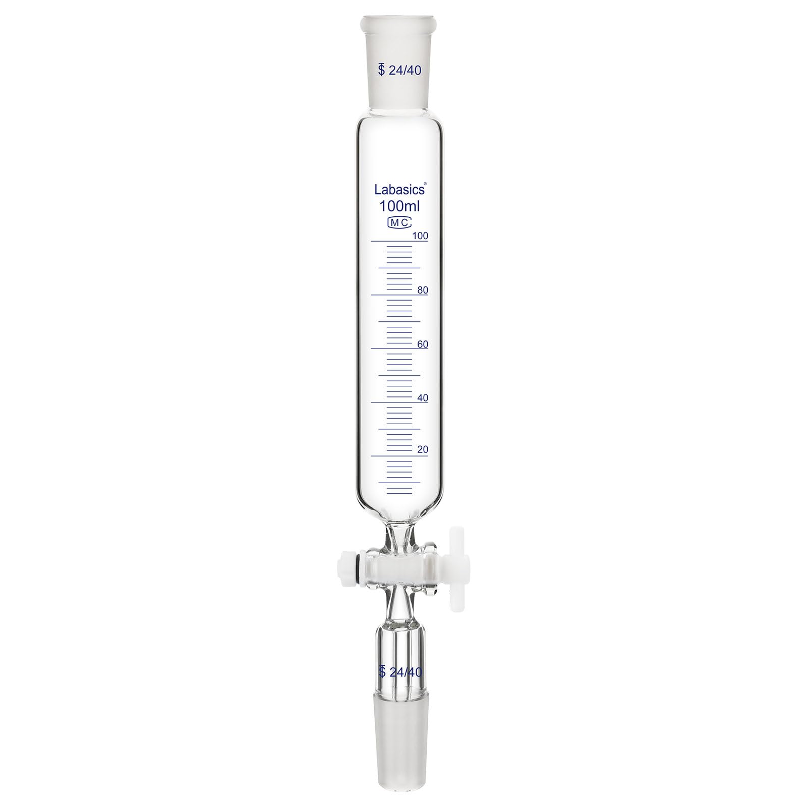 Labasics Embudo de adición, Embudo de Goteo Graduado de Vidrio Borosilicato con Junta Estándar 24/40 y Llave de PTFE para Laboratorio, 100 ml