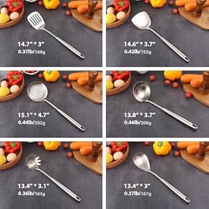 1810 Stainless Steel Kitchen Utensils Set 6 PCS All Metal Professional Cooking Utensils 15 Long Kitchen Tools Spatula Ladle Skimmer Spoon Pasta Serve Large Spoon Slotted Spatula Tunner