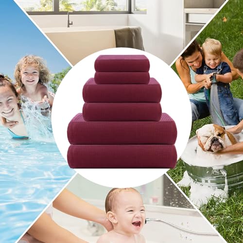 Image of Casa Copenhagen, Egyptian Cotton - Waffle Terry Towel 6 Piece Set, Includes 2 Bath Towels 2 Hand Towels 2 Washcloths - Burgundy
