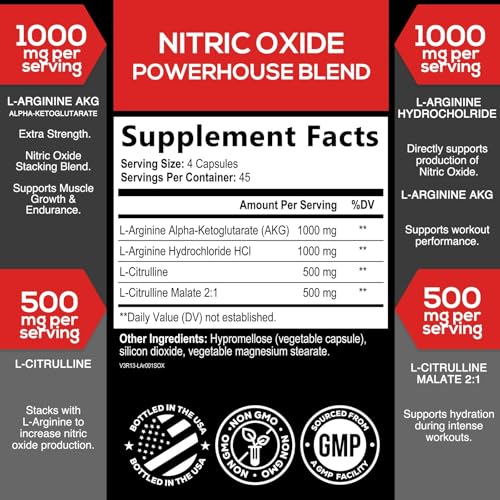 Image of Extra Strength Nitric Oxide Booster - 3X Strength L-Arginine AKG & Citrulline Malate - Men & Women Premium Pre Workout Nitric Booster - Natural Energy & Muscle Support, Bottled in USA - 180 Capsules