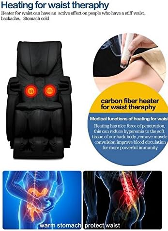 Diagram showing the massage chair with illuminated red circles on the waist area, indicating heat therapy. Text describes the benefits of carbon fiber heating for waist therapy, including penetration, reduced hyperemia, muscle convulsion relief, and improved blood circulation.