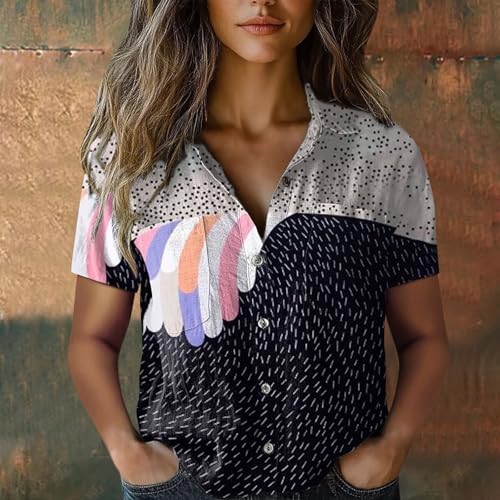 Womens Boho Floral Shirts 2025 Women Cotton Shirt Printed V Neck Button Down Casual Tops Short Sleeve Blouse Casual3