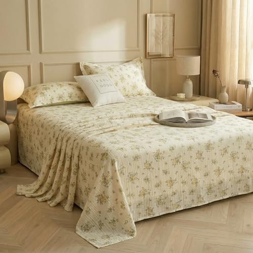 Image of BSB HOME Cloud Cotton King Size bedsheet | Flatsheet Summer Sheet with Two Pillow Covers | Super Soft Bed Sheet for King Size Bed Durable| Floral Design (270 x 250 cm, Off White & Yellow Sage)