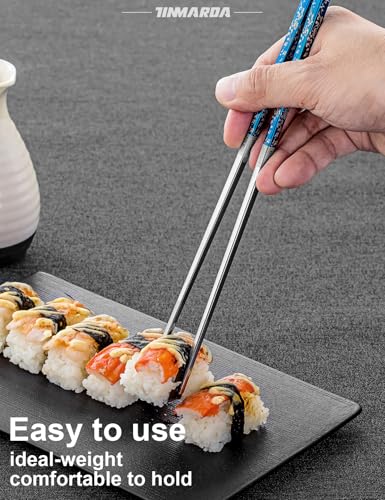 Image of Metal Chopsticks Reusable, Non-Slip Chop Sticks Reusable Dishwasher Safe, Titanium Plated Stainless Steel Chopsticks+Floral Blue 3 Pairs