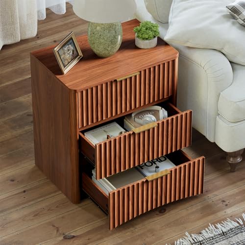 Image of Evermagin Fluted Nightstand Set of 2, Walnut Bedside Table with 3 Drawers, Wood End Table with Storage Mid Century Modern, Large Night Stand for Bedroom