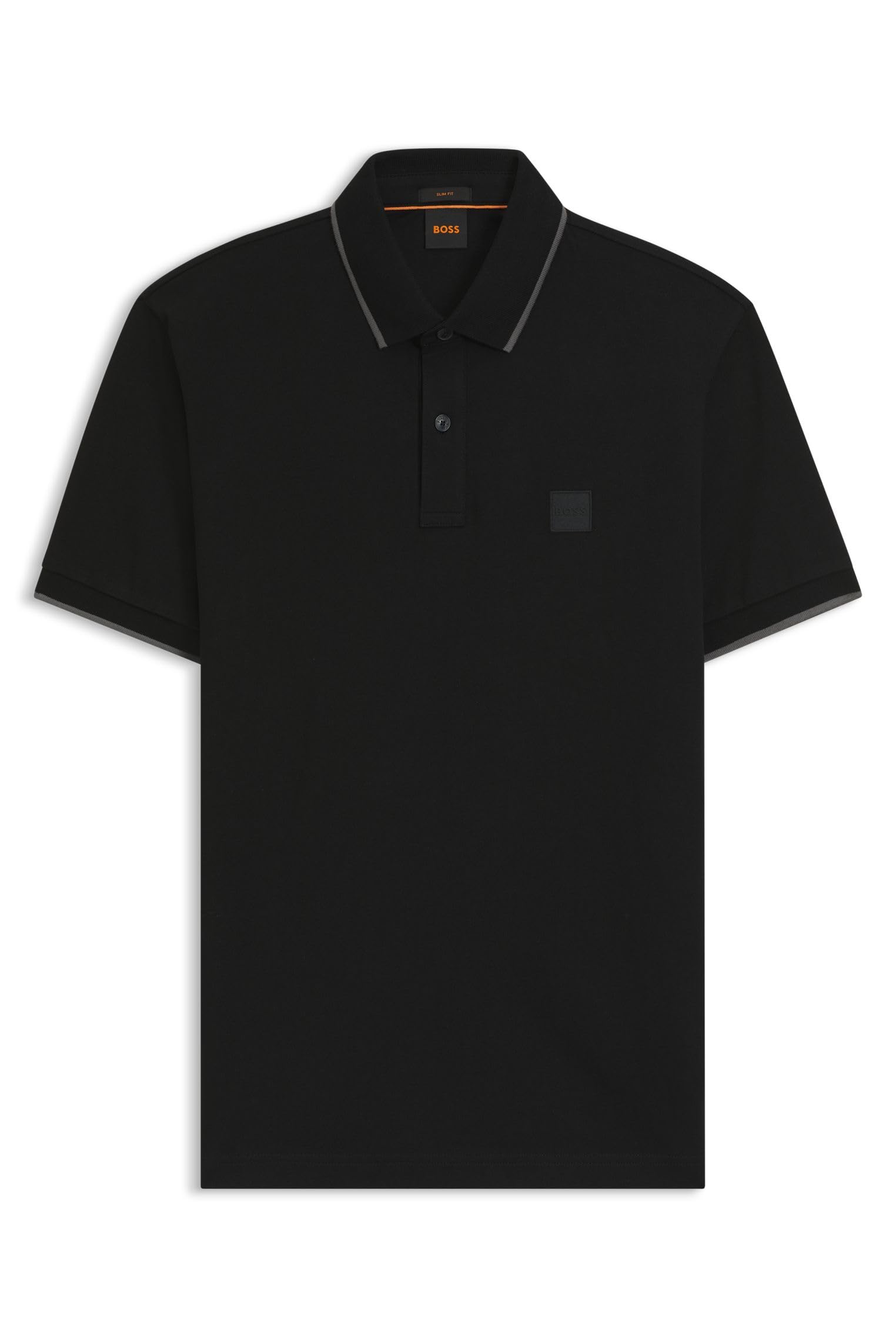 BOSS Herren Polo – Slim Fit, gewaschener Baumwoll-Piqué mit Elasthan, Logo-Aufnäher, kontrastfarbene Einfassungen (EU M, Farbe Black1)
