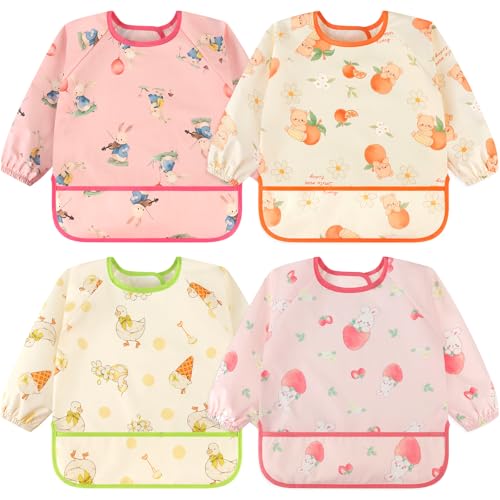 Image of Accmor 4 Pack Long Sleeve Bibs, Baby Smock Waterproof Sleeved Bib Smock for Baby Toddler 6-36 Months
