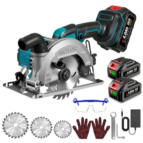 ONEVAN Akku Handkreissäge, Bürstenlos Akku Mini Kreissäge mit 2 3000mAh Akkus, 7000RPM Tauchkreissäge Schnitttiefe 48mm, 0-45°, mit 3 Sägeblättern (125mm, 140mm, 150mm)