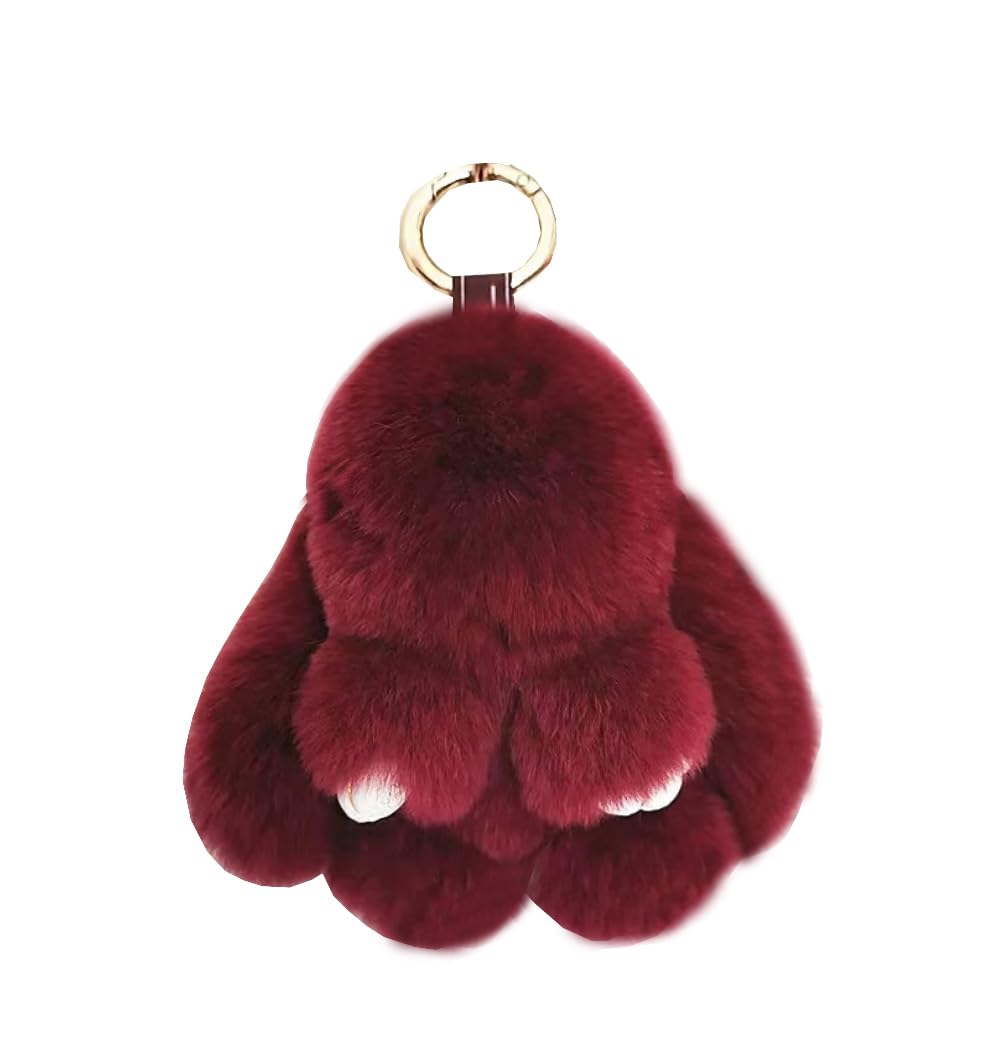 Soft Fluffy Rabbit Keychain Cute Plush Bunny Key Rings Plush Bunny Key Rings Faux Fur Keyring Pompom Keychain Decoration (wine(13cm))
