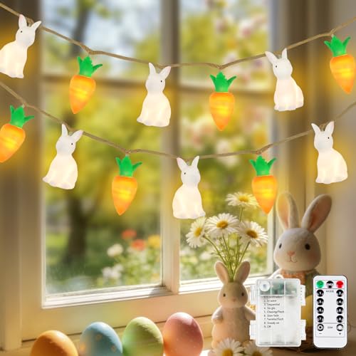 Image of YIQU Easter Decoration String Lights, 10FT 12LED Bunny Carrot Mantel Garland Battery Operated with Remote Timer 8 Modes, Hemp Rope Banner for Fireplace Table Wall Spring Party Indoor Outdoor Decor