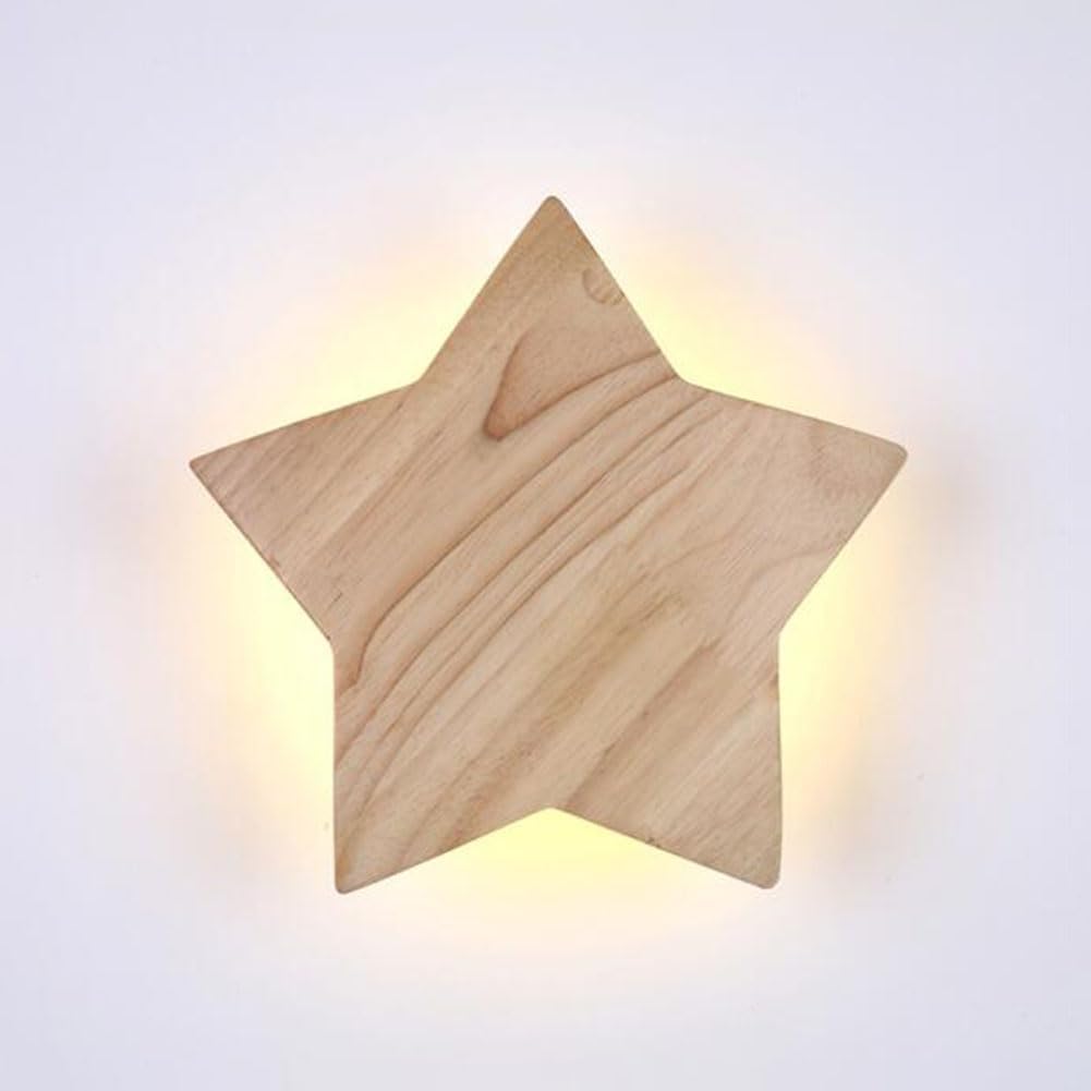 Drewniana Lampa Ścienna LED Wewnętrzna Lampka do Pokoju Dziecięcego Gwiazda Dekoracyjna Lanca Ścienna O Drewnianym Wyglądzie Lampka Nocna Ciepłe Białe Światło Chłopiec Dziewczynka,22CM